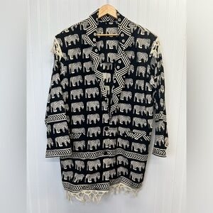 Vintage Block‎ Print Zebra Tiger Oversized Blazer Tassel Fringe Trim 100% Cotton